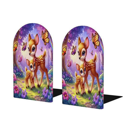 (2 PCS/1 Pairs) Wood Bookends, Cartoon Deer Butterfly Forest Decorative Wood Bookends for Shelves Kids Room Desk Home Office Book Stoppers for Holiding Books 5x3 Inch