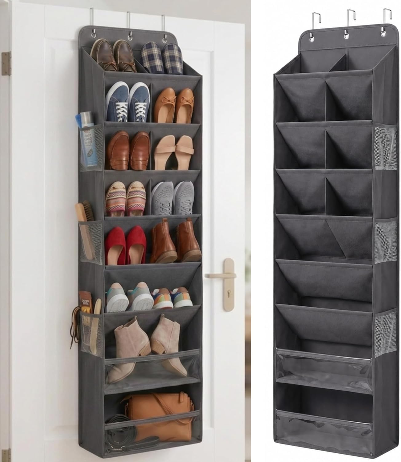 8 Tier Hanging Shoe Organizer – 100D Extra Thick Deep Pockets, Shoe Rack for Closet, Shoe Rack for Entryway, Over the Door Shoe Organizer for Closet with 6 Side Pockets for Boots (Dark Gray)