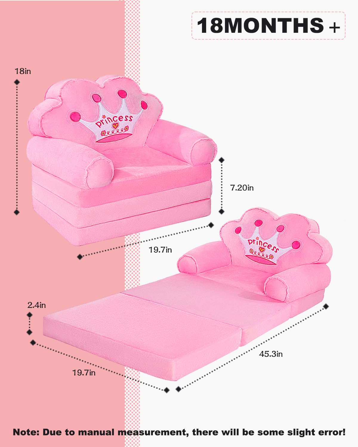 MOONBEEKI Kids Couch Fold Out, Foldable Princess Chair for Toddlers 1-3, Kids Furniture for Playroom, Gift for Birthday Christmas and Halloween（Pink）
