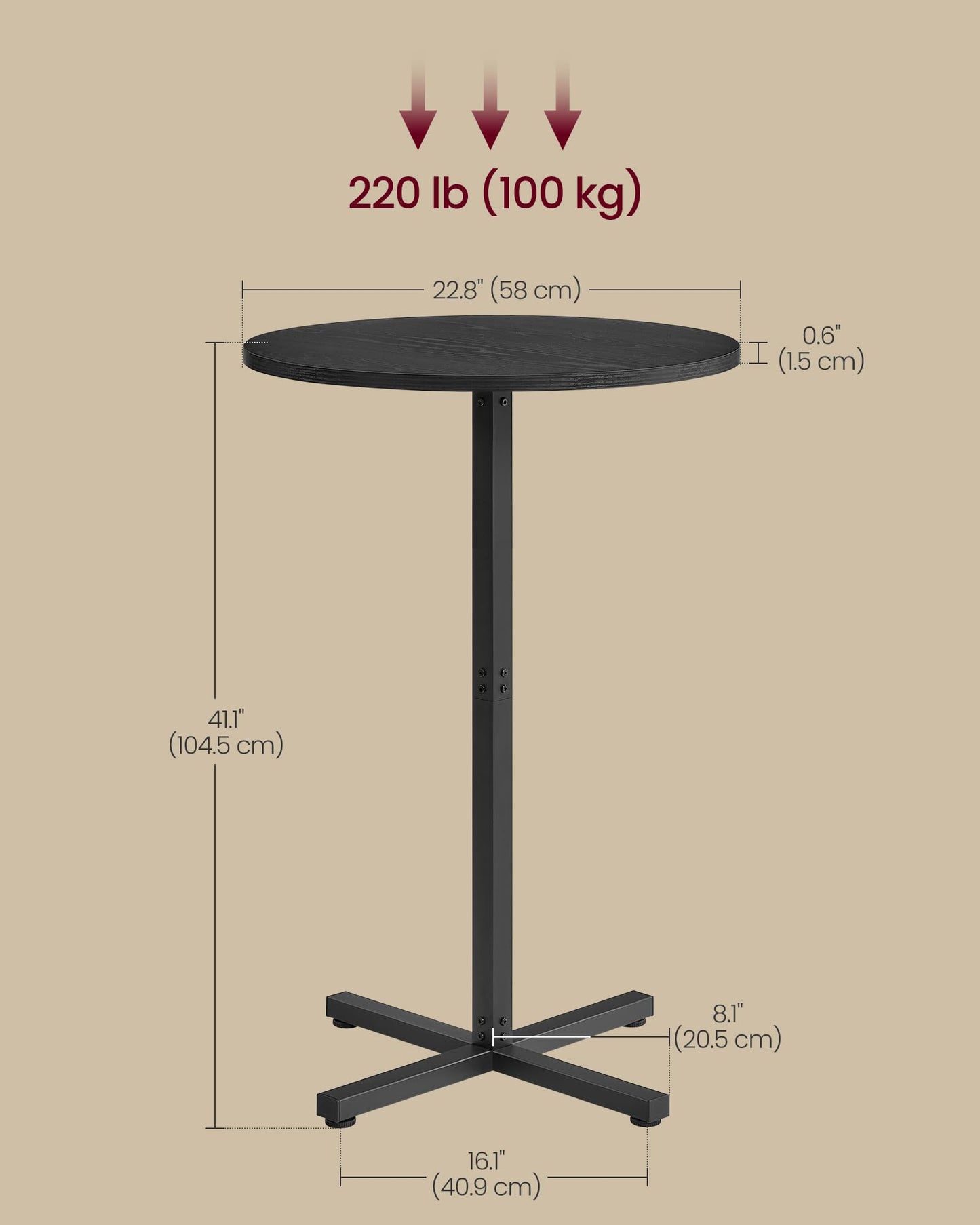 VASAGLE Round Cocktail Table, High Top Bar Pub Table with Metal Frame and Cross Base, for 2-3 People, Modern, Easy to Assemble, 22.8 x 41.1 Inches, Ebony Black ULBT361BE01S