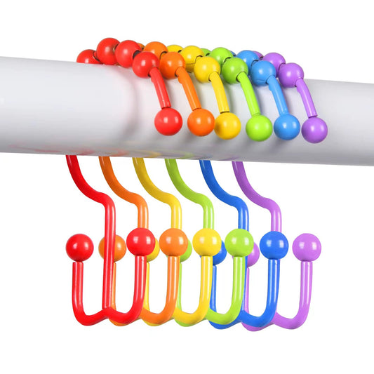 Qazvmlp Shower Curtain Hooks,304 Stainless Steel Shower Rings for Bathroom,Double Glide Shower Hooks for Bathroom Shower Curtain Rods Curtains,Set of 12 Hooks,Rainbow Color（Style A ）