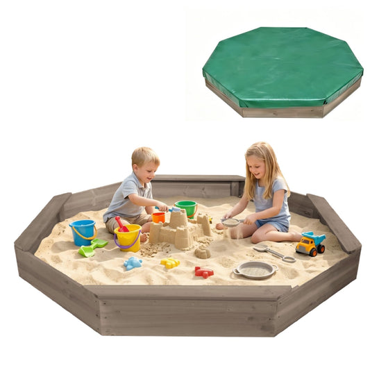 82''x78''x8.5'' Outdoor Octagonal Wooden Sandbox for Kids Ages 3-10,Large Sandbox with Oxford Fabric Cover,Big Wood Sand Pit with 4 Benches,Quick Assembly for Backyard(Coffee, Octagon - Large)