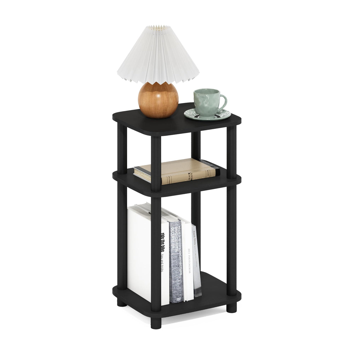 Furinno JUST 3-Tier Telephone Table, Turn-N-Tube Toolless Side Table with Open Shelf, Round Curve Corner Night Stand, Bedside Table, for Living Room, Bedroom, Americano