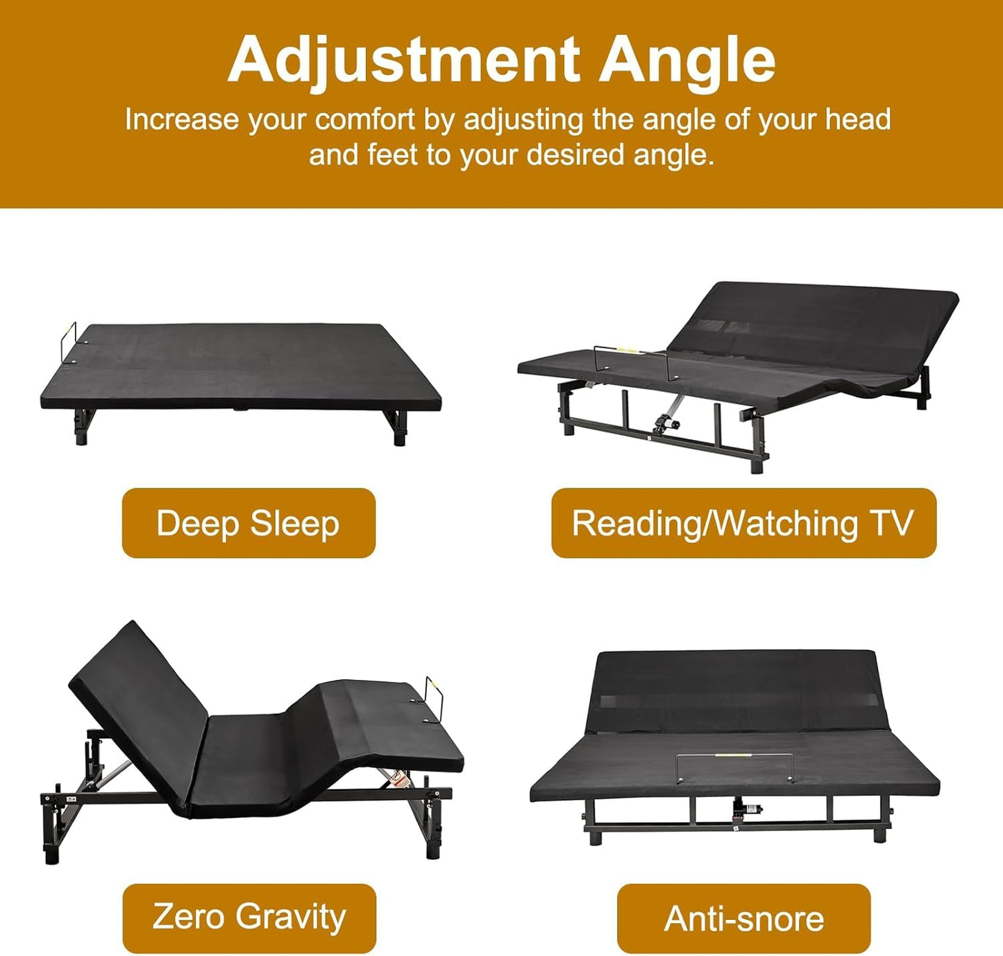 KEIKI King Adjustable Bed Frame with Remote, Head & Foot Incline, Zero Gravity, 4 USB Ports & Under-Bed Nightlight, Quiet Motor Base, Black