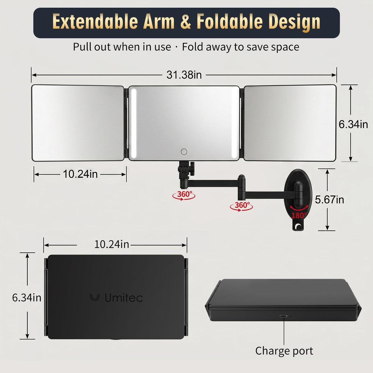 Wall Mounted LED 3 Way Haircut Mirror with Swing Arm, 360° Self Cut View