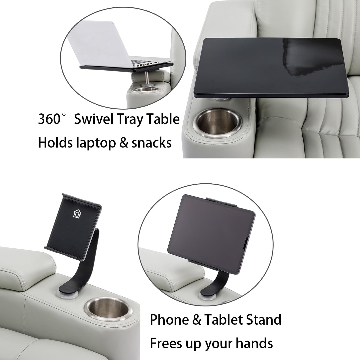 COSYTREE Home Theater Seating Power Recliner Chair, 270°Swivel PU Leather Theater Recliner with LED Ambient Lights, 360°Rotating Tray Table,USB Charging,Cup Holders & Hidden Arm Storage, Light Gray
