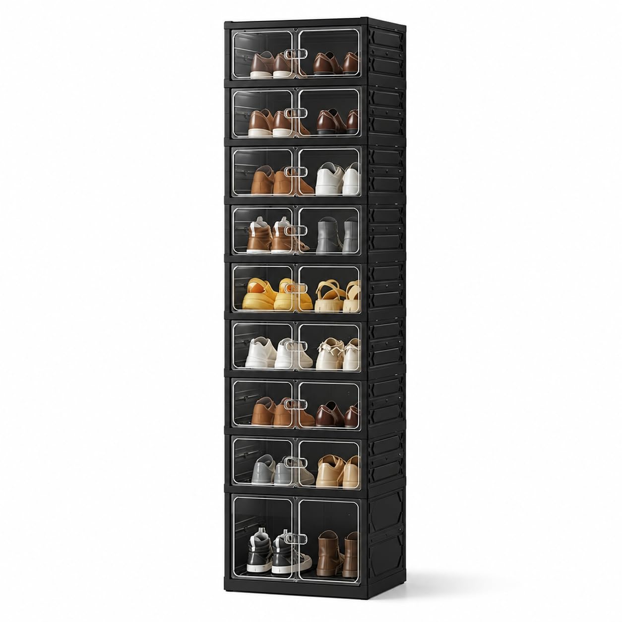 UFORU 9-Tier Black Foldable Shoe Rack,18-Pair Organizer with Magnetic Doors