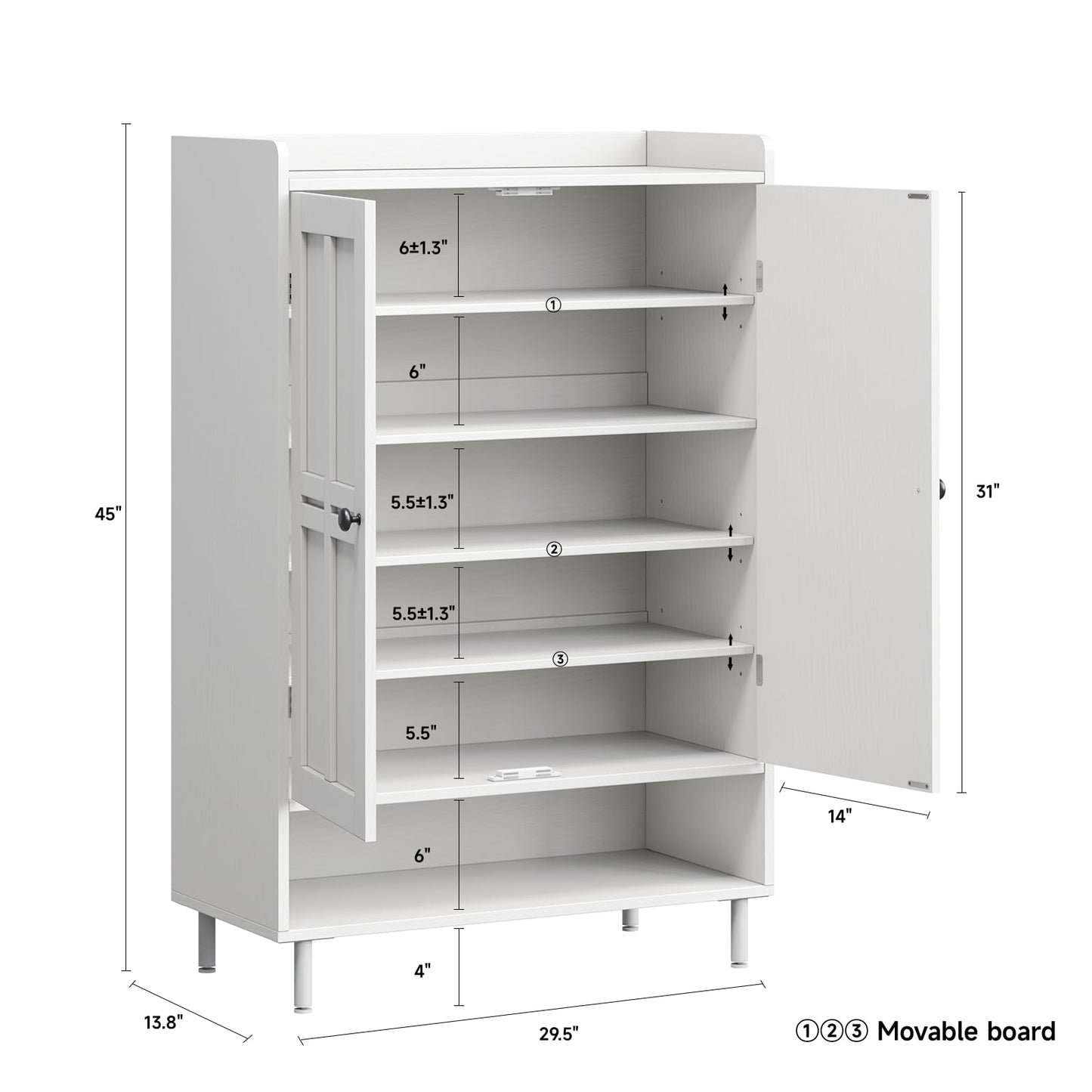ONBRILL Shoe Storage Cabinet with Cross Molding Doors, 6-Tier Farmhouse Shoe Cabinet with 3 Adjustable Shelves and Metal Legs, 45'' Tall Shoes Rack Organizer Cabinet for Entryway, Front Door, White