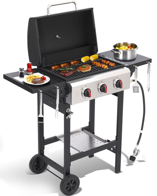GRILL DEPOTS Propane Gas Grill with Folding Side Tables, 3-Burner Gas Grill with Cast Iron Grates and Stainless Steel Griddle Pan, Outdoor BBQ Grill Portable with Wheels 30,000 BTU Output