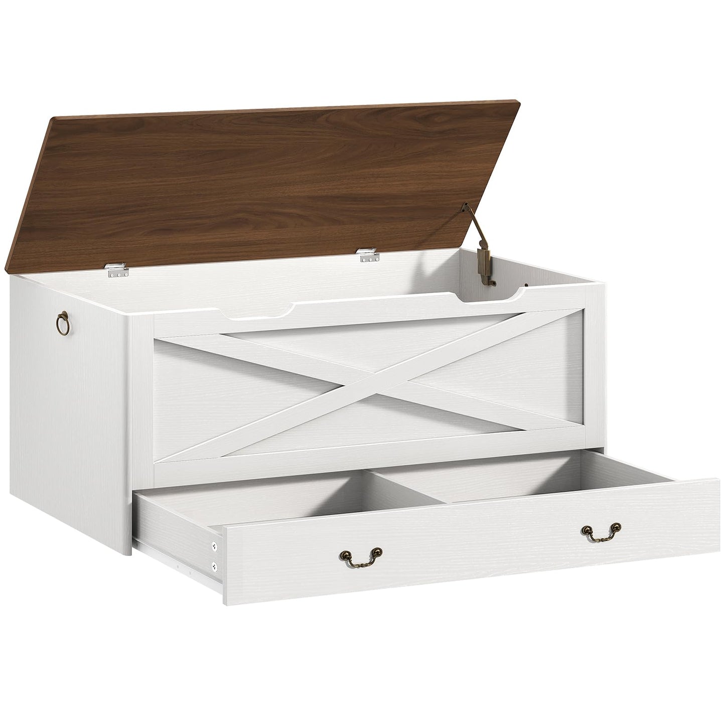 RALGEND Toy Chest, 39.4" Storage Chest with Drawer and Pull Handles, Wooden Storage Bench with Lift Top, Storage Trunk for Living Room, Bedroom, Entrance, White and Walnut