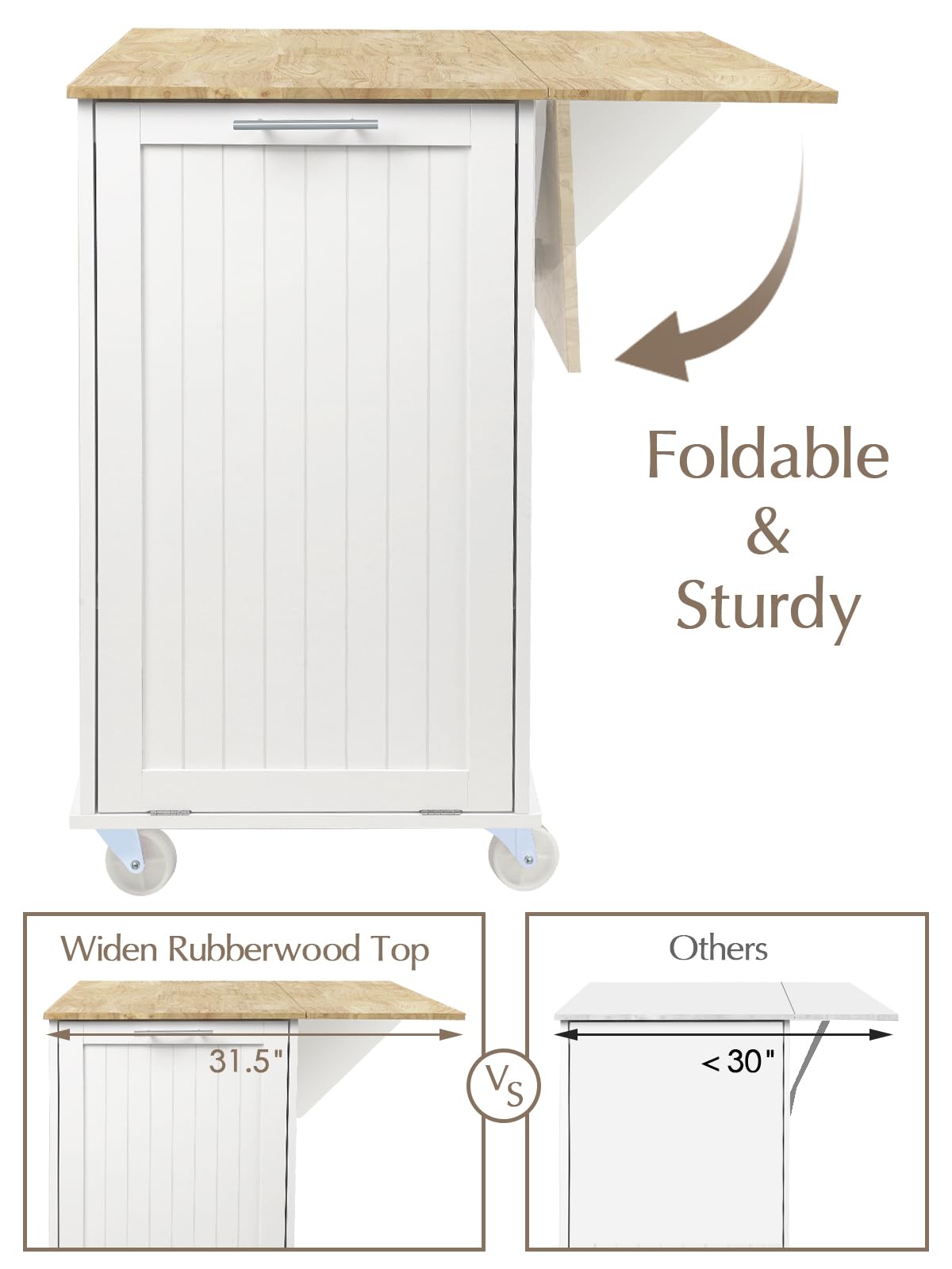 OtterOasis Kitchen Island with Storage, 43.3" Rolling Kitchen Island Cart on Wheels with Wide Drop Leaf Rubberwood Top, Large Mobile Island Table with Trash Can Storage and Towel Bar, White