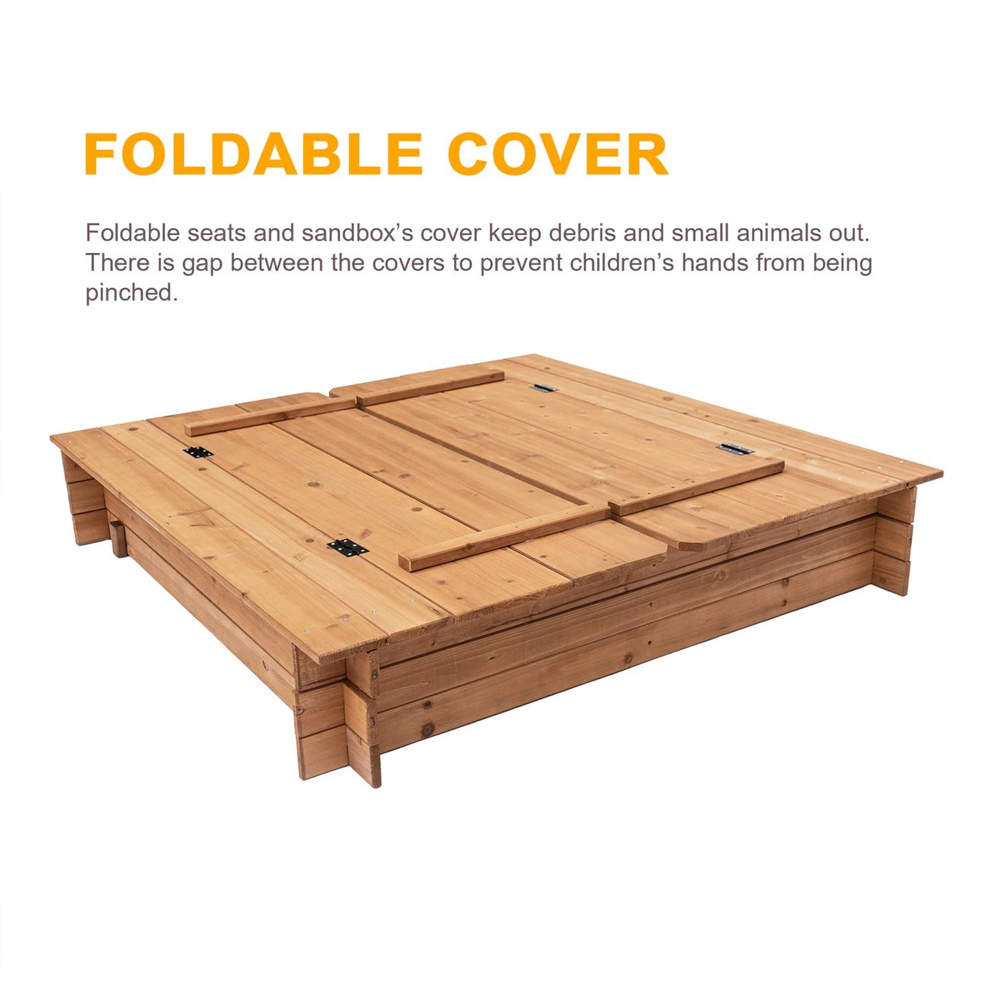 BIRASIL Wood Sandbox with 2 Bench Seats, Sand Boxes with Lid for Kids, Sand Pit with Cover for Outdoor Backyard Patio, 48 Inch