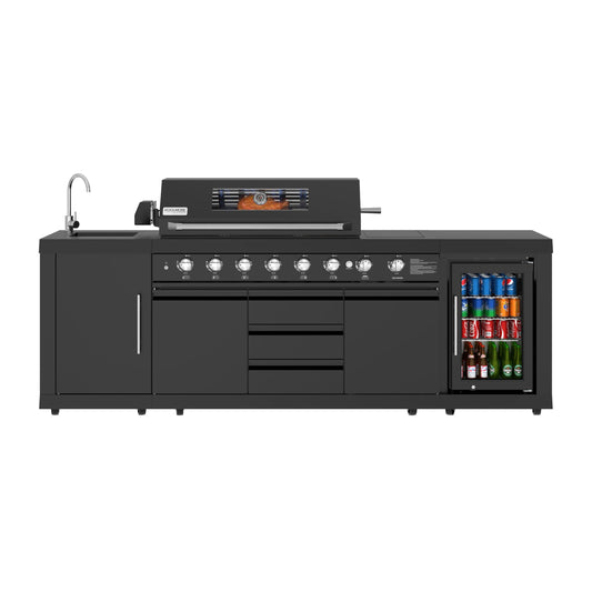 KoolMore Reserve Outdoor Kitchen Island with 6 Burner Grill and a Side Burner, Sink, Storage Cabinet, and Beverage Refrigerator, CSA Listed in Sleek Black