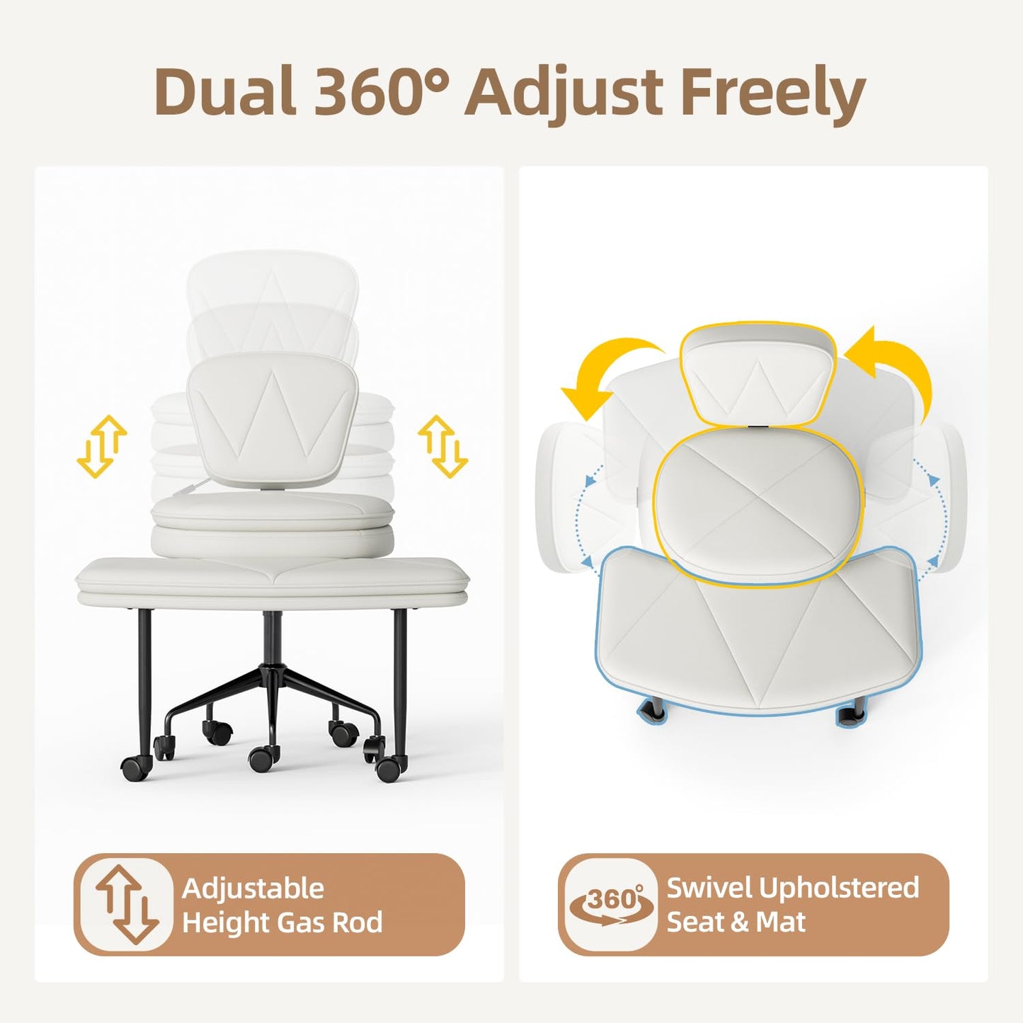 IdeaKey Ergonomic Cross Legged Chair, 360°Swivel Criss Cross Chair with Wheels, Double-Layer Upholstered Desk Chair, 31.3" Large Office Chair for Meditation and ADHD. White