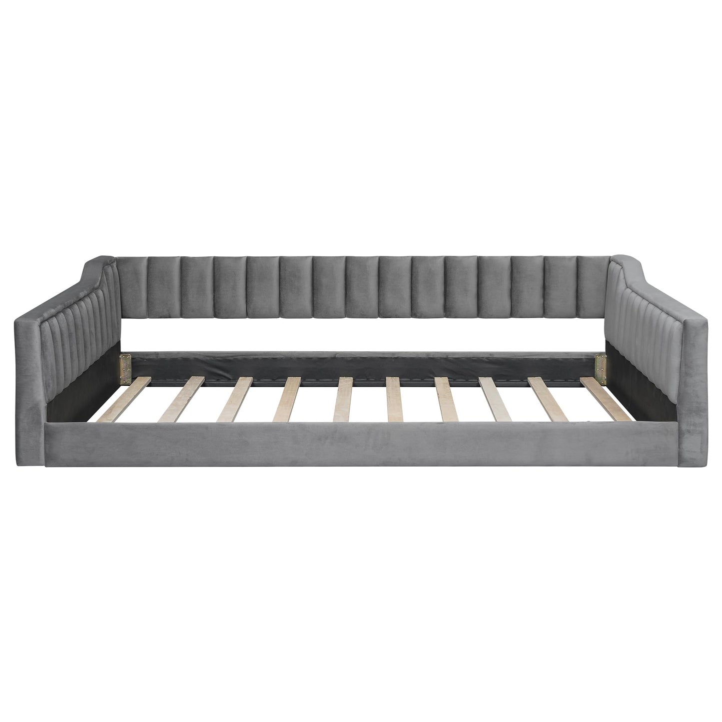 Ball & Cast Full XL Size Daybed, Upholstery Day Bed Frame with Channel Tufted Backrest and Armrest, Floor Bed with Side Pockets,Solid Wood Slat Support, No Box Spring Needed,Gray