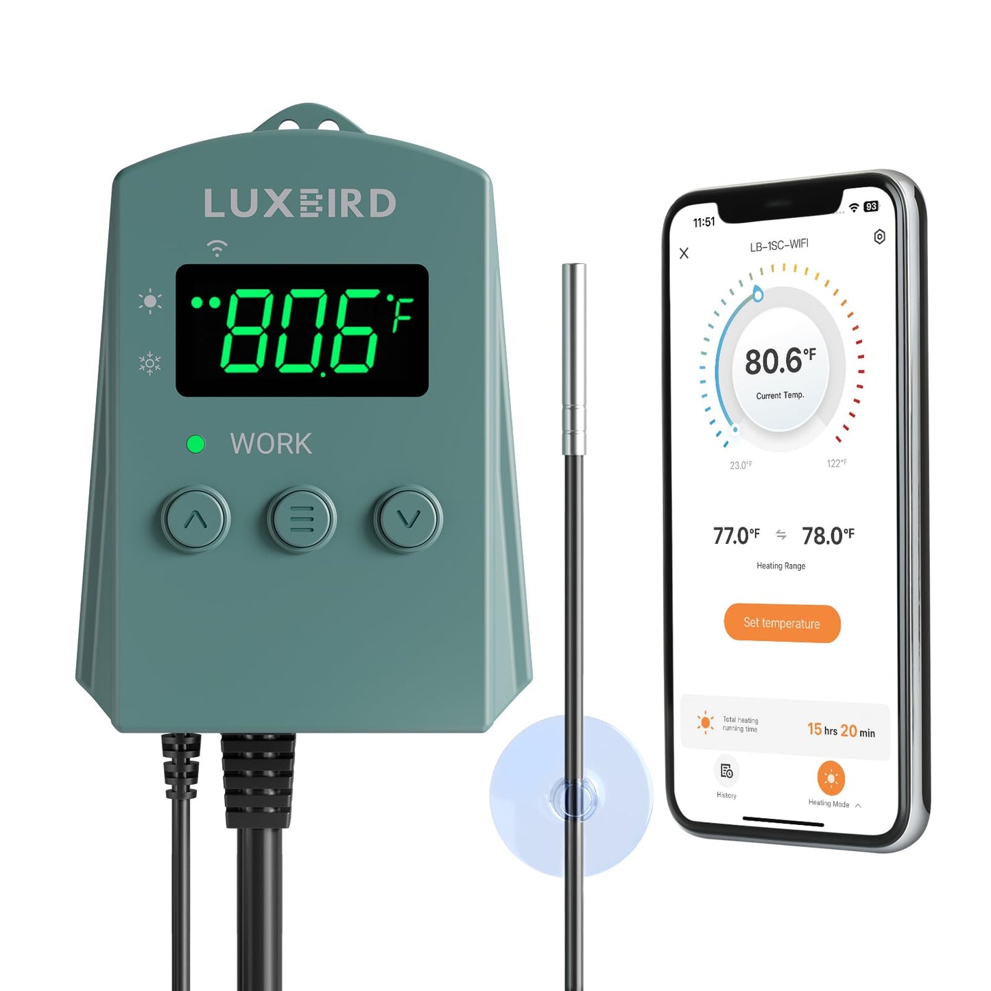 WiFi Digital Heat Mat Thermostat Controller, 32-113°F with Heating Cooling Mode, 365 Day Data Export, 1200W, High/Low Temp Alerts, Plug & Play for Reptile Seedling Brewing Breeding Greenhouse