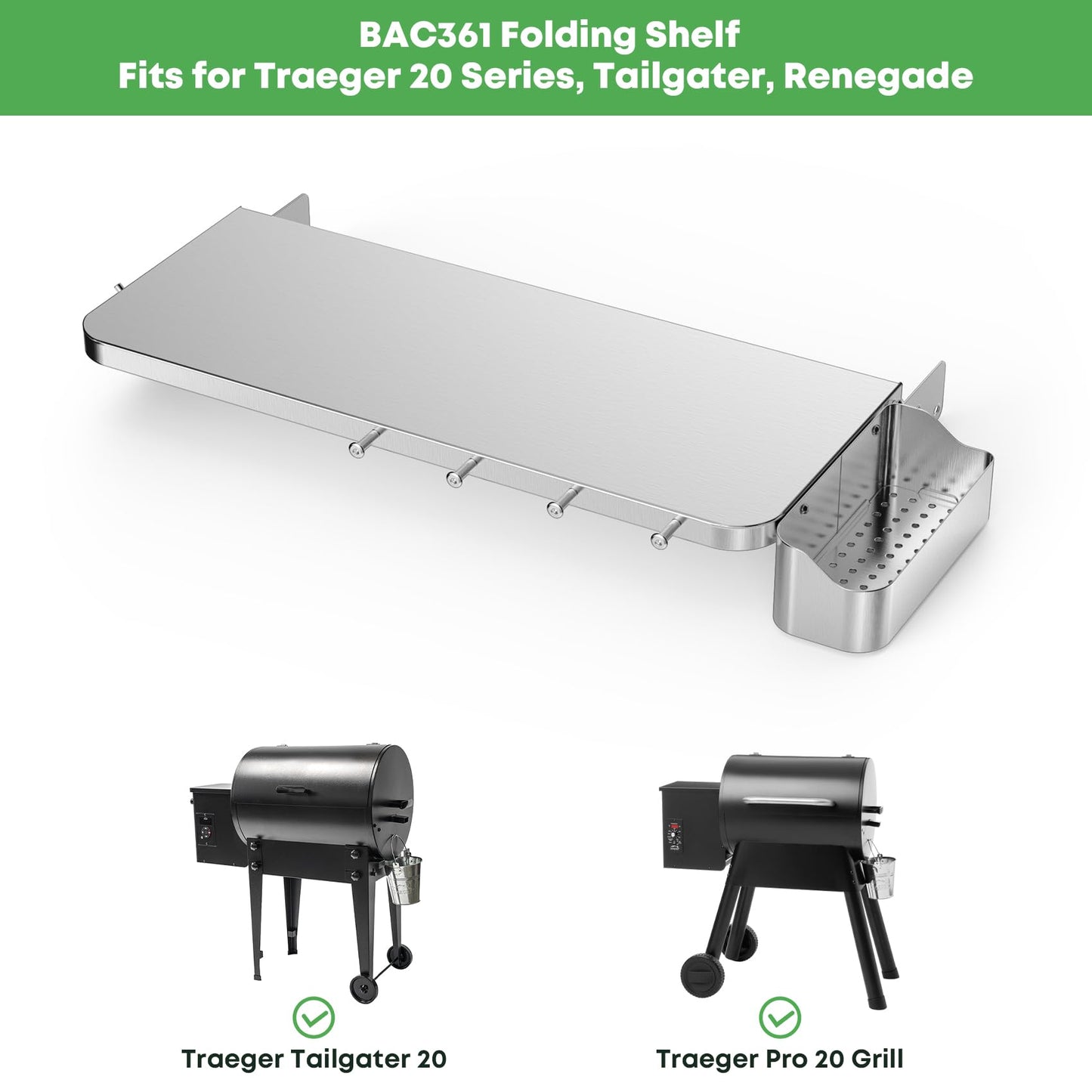 Stanbroil Stainless Steel Folding Front Shelf for Traeger 20 Series Pellet Grills, Grill Accessories with Caddy Organizer, Paper Towel Holder & Hook for Traeger BAC361 Shelf