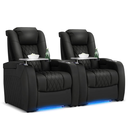 PBRO Home Theater Seating Genuine Leather Recliner Chair, Power Reclining & Headrest, USB A/C Charging Ports, Tray Table, Cup Holder Ambient Lighting Black 2 Set