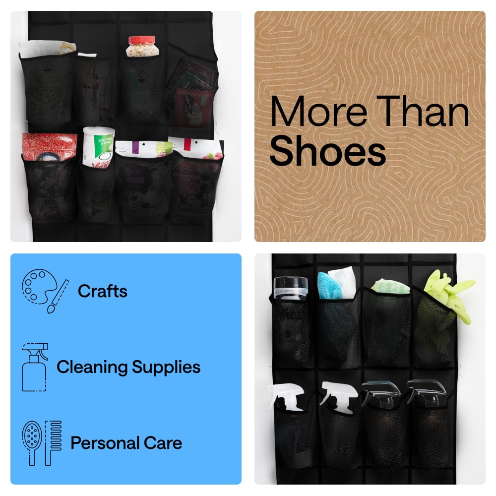 GORILLA GRIP Over the Door Shoe Organizer, 24 Large Pockets, Black