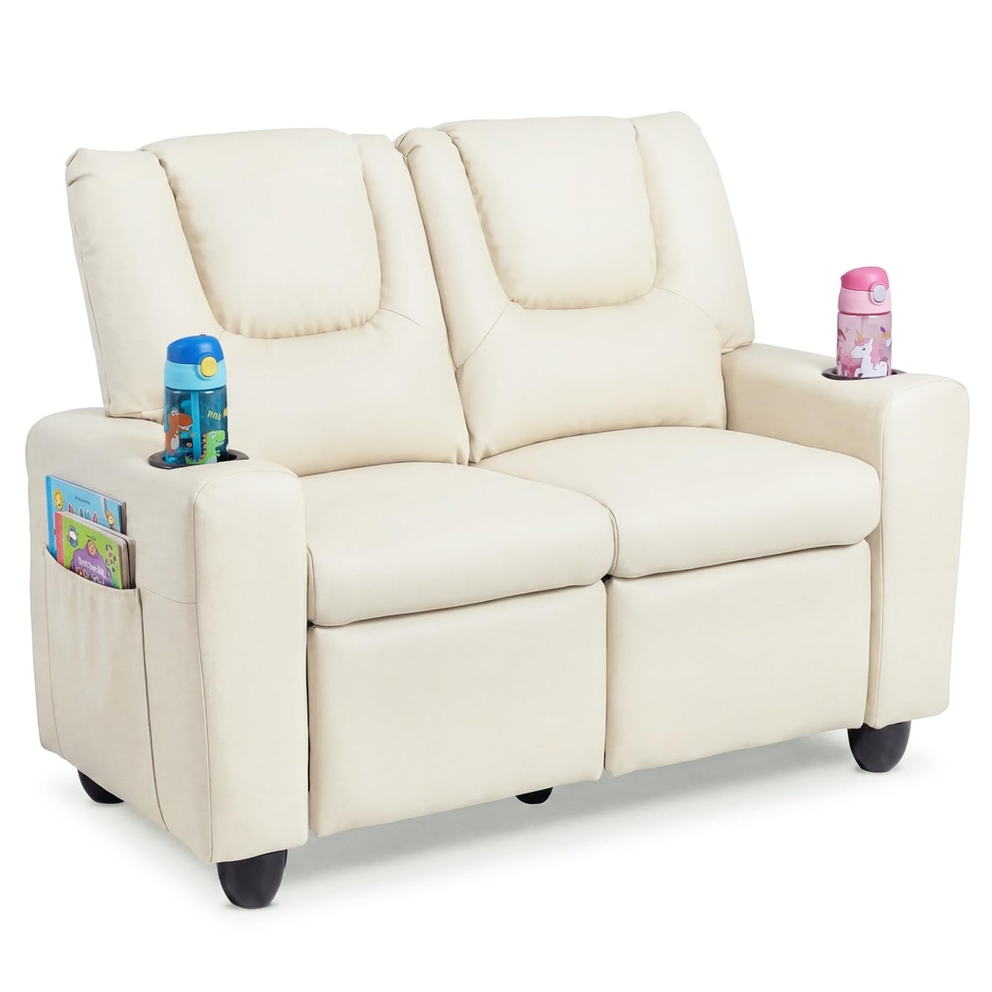 Costzon 2-Seater Kids Recliner, PU Leather Kids Loveseat w/2 Cup Holders & 2 Side Storage Pockets, Toddler Lounge Sofa Chair Couch w/Adjustable Backrest & Footrest for Girls & Boys 3+ Years Old Gifts