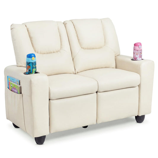 Costzon 2-Seater Kids Recliner, PU Leather Kids Loveseat w/2 Cup Holders & 2 Side Storage Pockets, Toddler Lounge Sofa Chair Couch w/Adjustable Backrest & Footrest for Girls & Boys 3+ Years Old Gifts