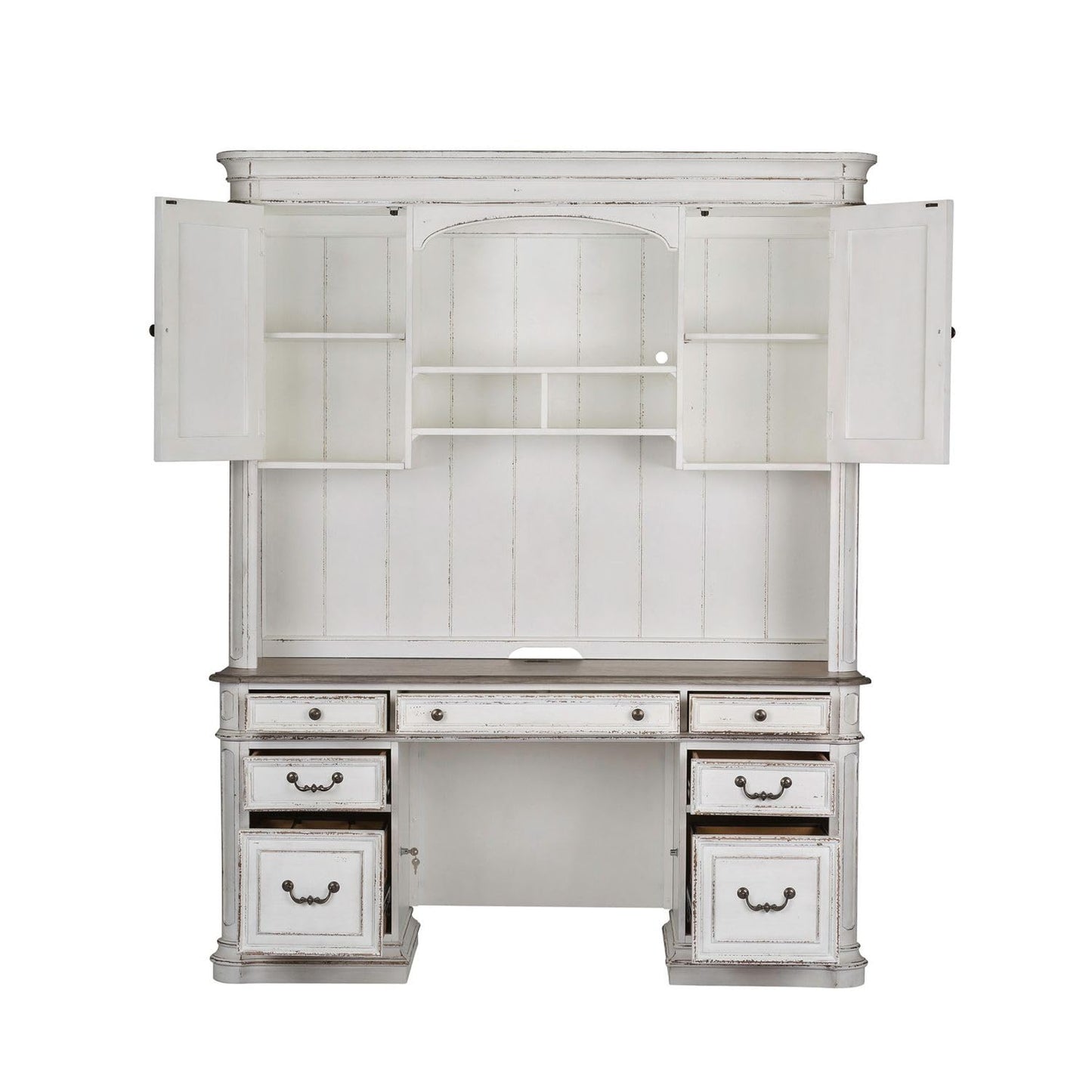 Liberty Furniture Magnolia Manor Credenza Desk & Hutch for Home Office - Antique White & Weathered Bark