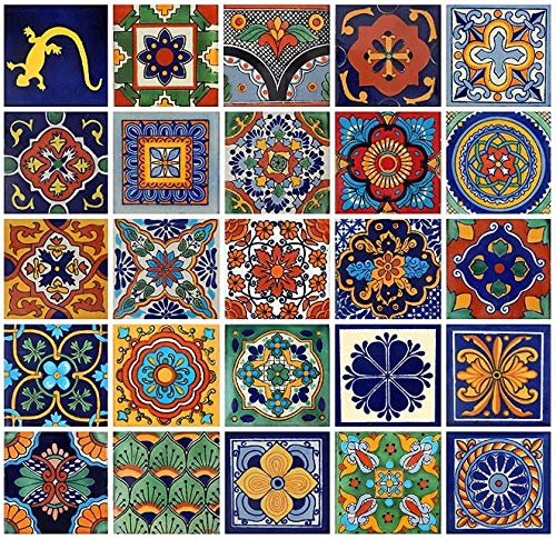 COLOR Y TRADICIN 25 Mixed Color Mexican Talavera Tiles, 4x4 Square, 25 Pieces, Geometric Pattern, Painted Finish, Not Water Resistant, Perfect for Walls, Countertops, Backsplash
