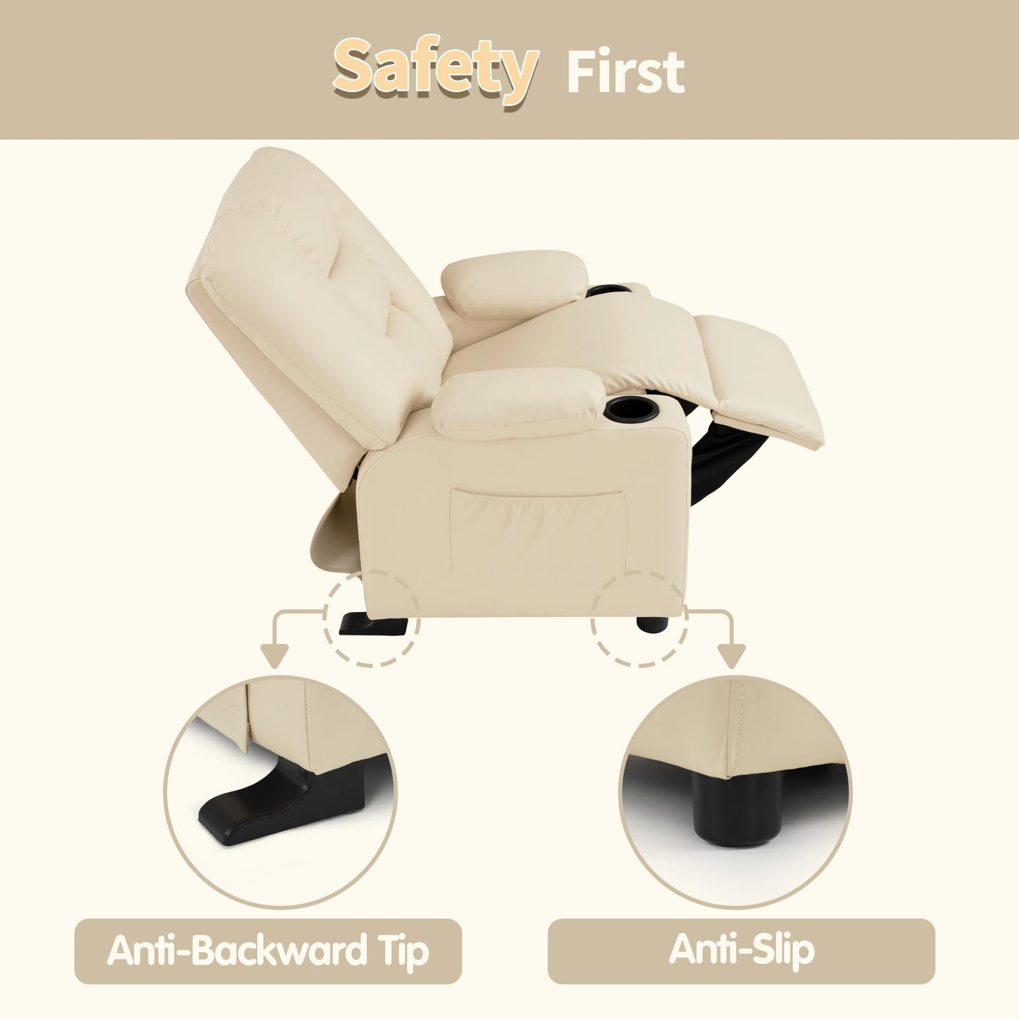 MCombo Big Kids Recliner for Ages 3+, Child Reclining Chair, Toddlers Recliner Sofa with Cup Holders, Faux Leather, 7322(Cream White)