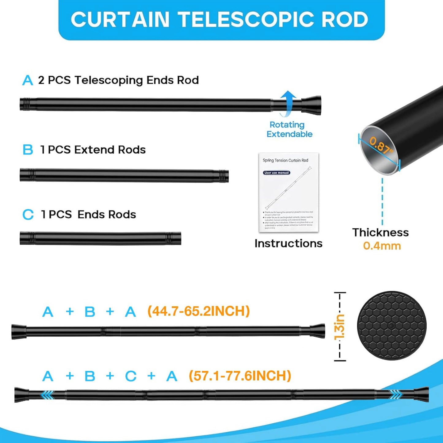 Black Shower Curtain Rod 40-73 inch Black Shower Rod Tension Curtain Rod No Drilling Shower Curtain Rods Spring Tension Shower Rods for Bathroom