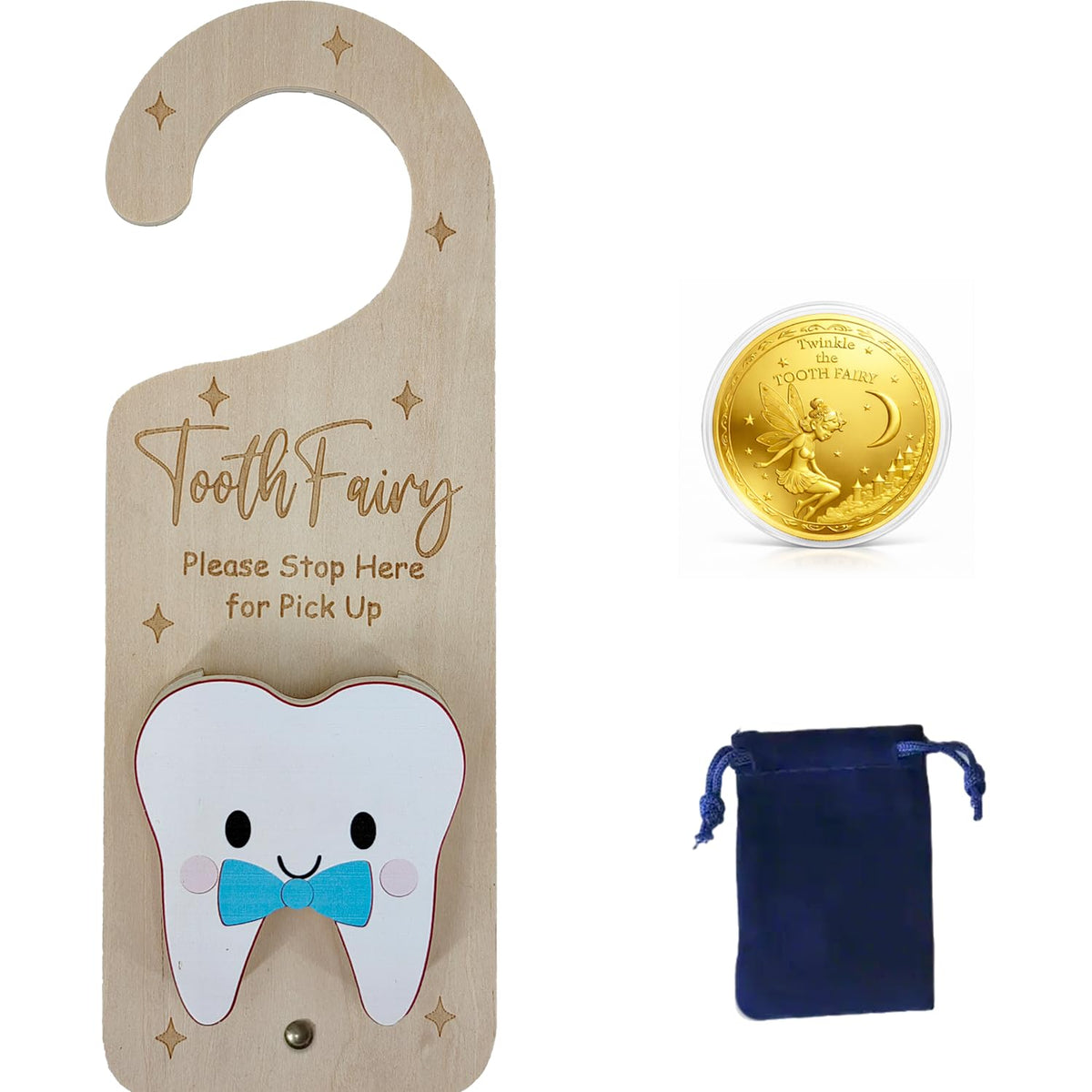 Tooth Fairy Door Hanger, Lost Tooth & Coin Holder Kit for Kids Gifts - Blue