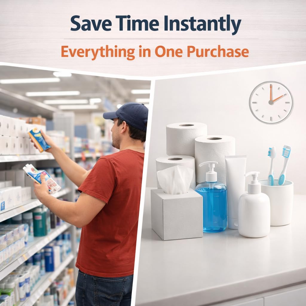 Generic 10-Piece Double Bathroom Restock Bundle: 2-Ply Bath Tissue (24 Rolls Total), Facial Tissues (2 Boxes), Hand Soap (2 Bottles), 2 Bath Sponges, and 6 Toothbrushes