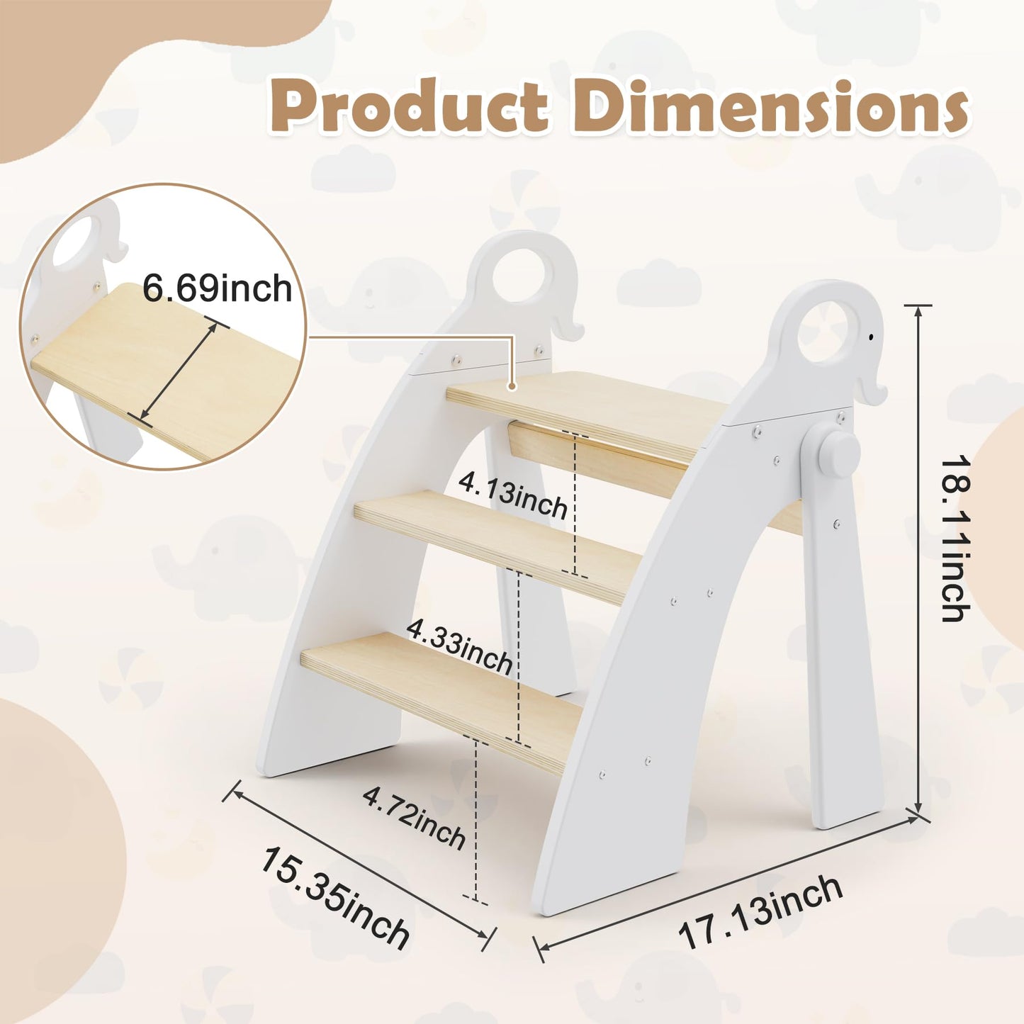 Wooden 3 Step Stool for Kids Bathroom Sink Foldable Anti-Slip, Child Stepping Stool for Kitchen Nursery Bedroom, Sturdy Non Slip Adult Stool for Closet