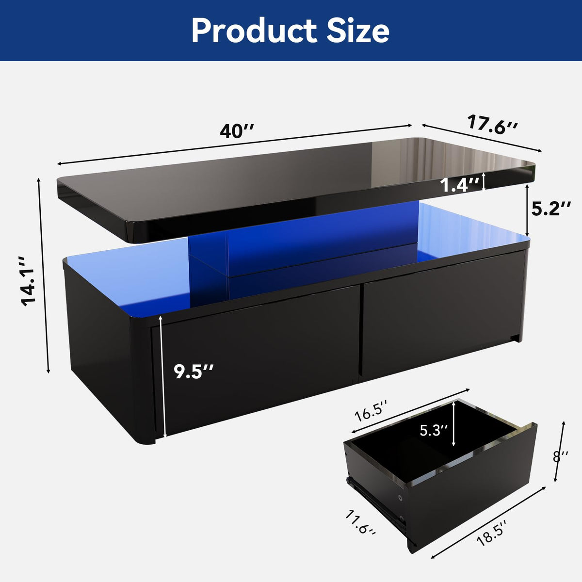 OneBlis 40" LED Coffee Table with 2 Large Drawers, 60,000-Color Lights App Control, Rectangular Center Table, High Glossy Modern Tea Table for Living Room, Black