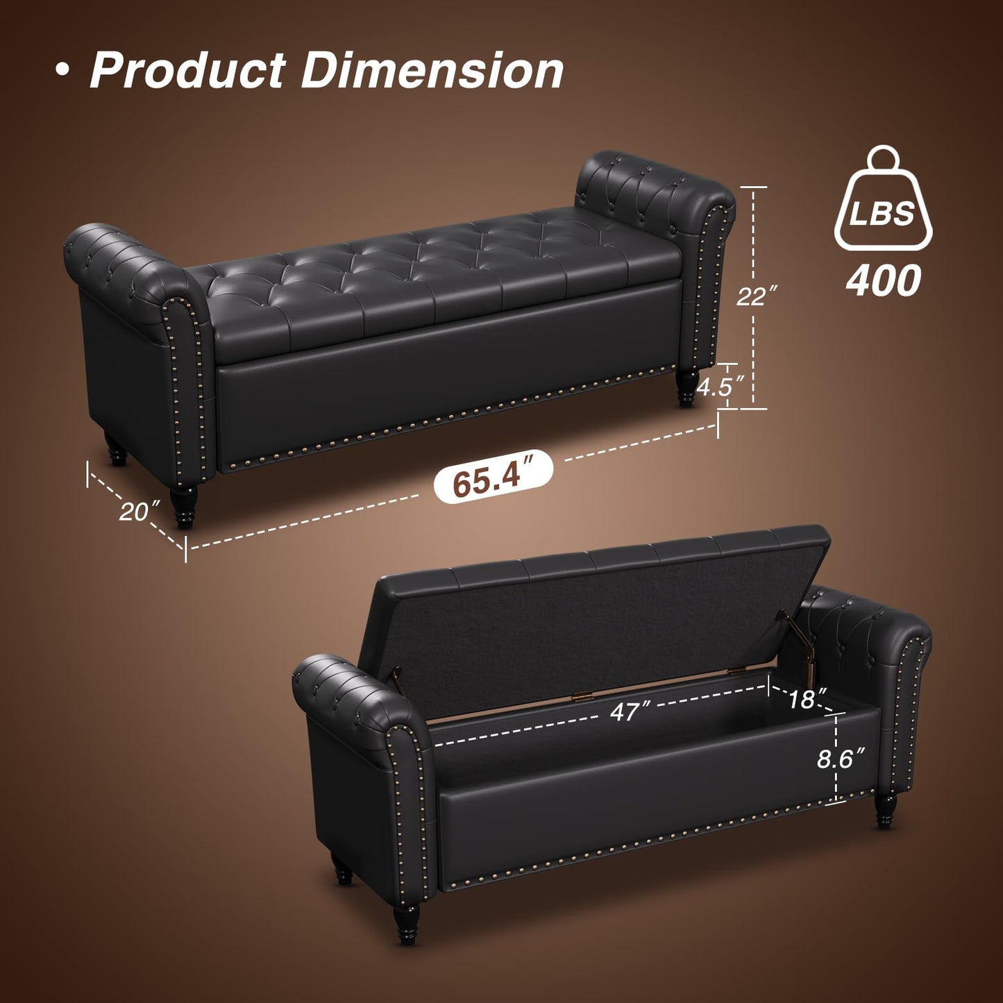 FiveWillowise 65" Bedroom Bench, End of Bed Bench with Storage, Black