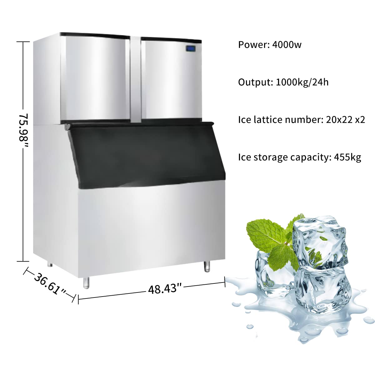 CMICE Commercial Ice Maker Machine 2000 Lbs/24H, 1003 Lbs Storage Bin, Air Cooled Industrial Ice Machine, 760 Ice Cubes Ready in 8-15 Mins, Stainless Steel Ice Maker for Restaurant, Bar, Cafe, Hotel