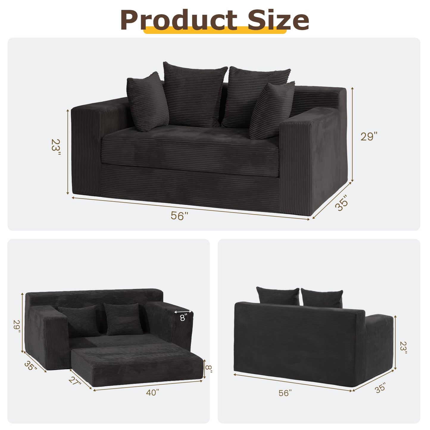 cidludto Convertible Sofa Bed, Boneless Loveseat Folding Couch Bed Foldable - 3 in 1 Small Ccouch & Futon Sofa Bed, Corduroy Pull Out Couch with 4 Pillows for Living Room, Black