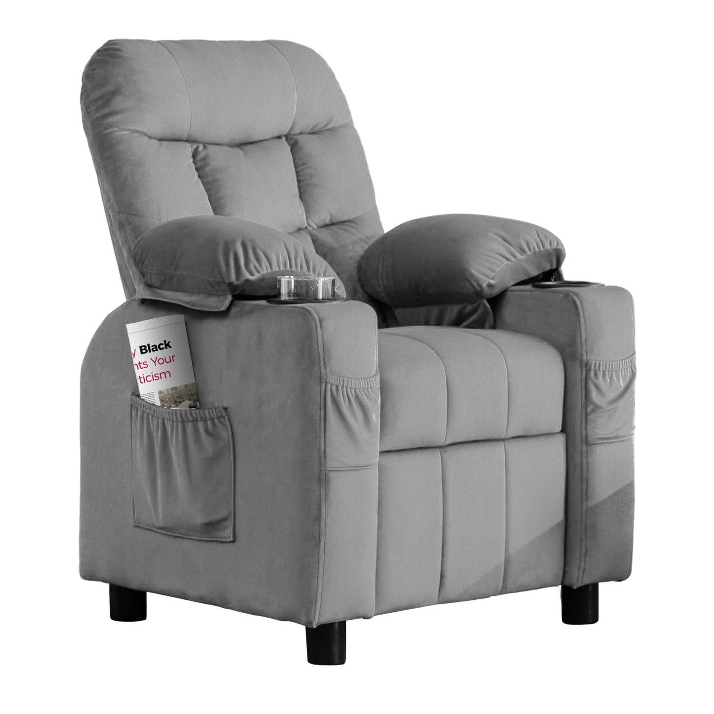 Kids Recliner, Toddlers Kids Recliner Chair with Cup Holder, Ergonomic Adjustable Velvet Lounge Chair with Footrest & Side Pockets, Toddlers Baby Sofa for Boys Girls Bedroom (Gray)