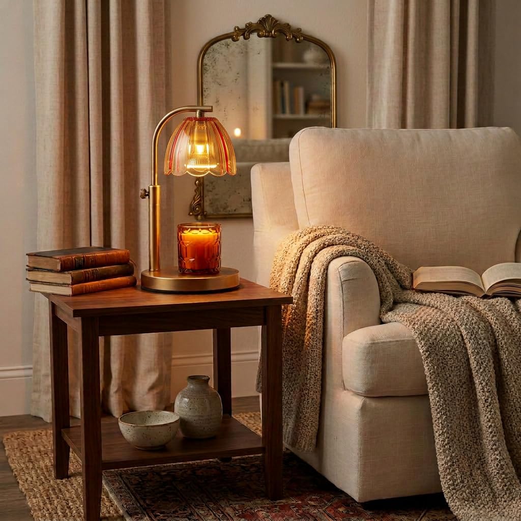 Scalloped Glass Candle Warmer Lamp with Timer (2H/4H/8H) - Dimmable & Adjustable Height - Wax Melter for Large & Small Jar Candles - 2 Bulbs - Gold Metal - Flameless Home Decor Gift for Women (Amber)