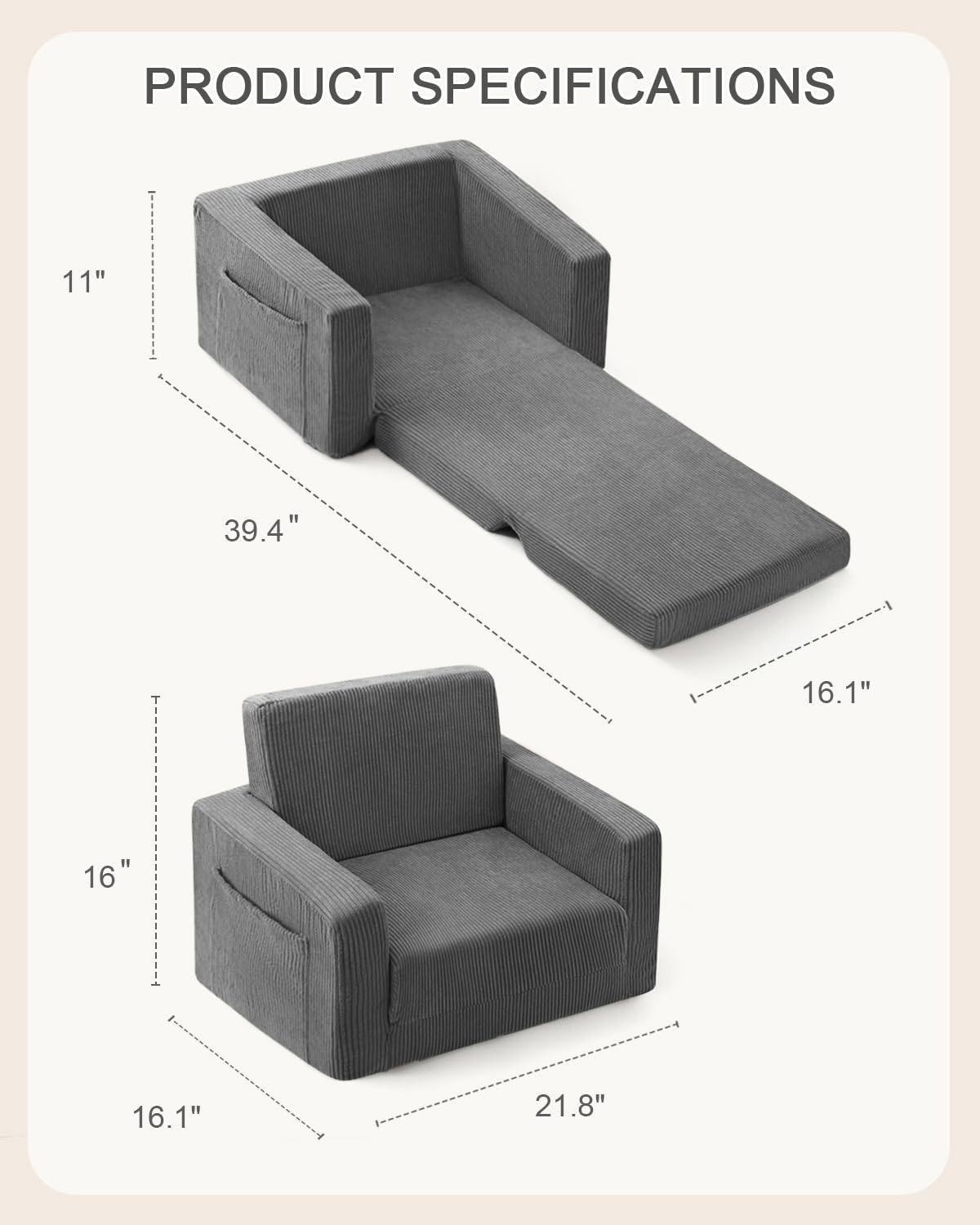 Jouha Kids Chair and Couch, 2-in-1 Fold-Out Kids Sofa, Soft Convertible Seating, Comfy Kids Chair for Boys and Girls, Grey