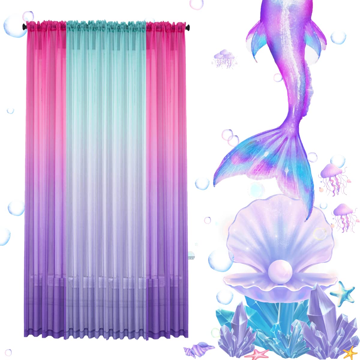 Yancorp Sheer Curtain Semi Bedroom Curtains 63 inches Length Linen Pink Blue Ombre Curtains Rod Pocket Drapes Girls Living Room Mermaid Bedroom Nursery Kids Window Decor, 1 Panel(Pink Blue, 40"x63")