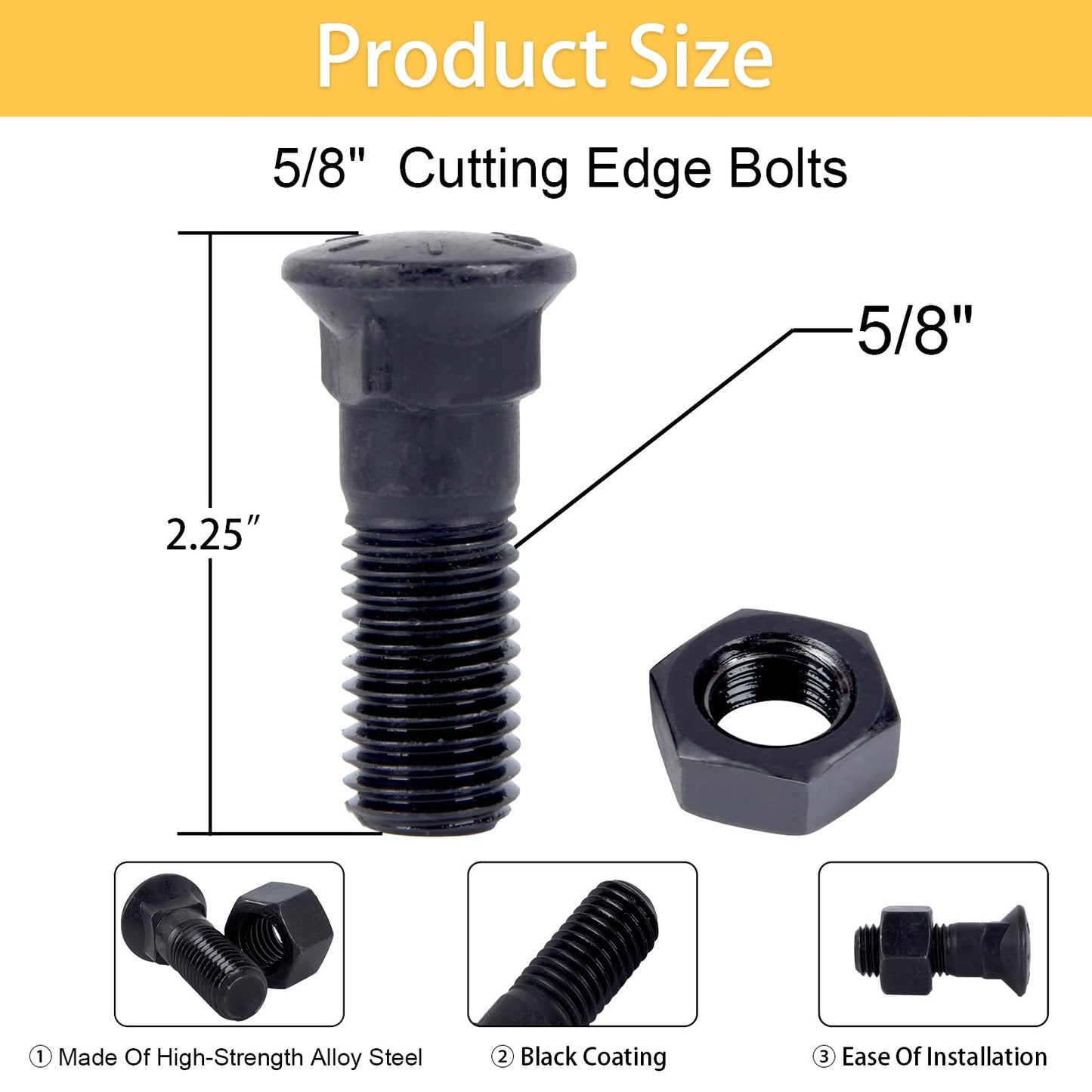 8Pcs 5/8 Cutting Edge Bolts, Bucket Cutting Edge Bolts, Grader Blade Bolt 5/8"-11 x 2-1/4" for Snow Plow Construction Machinery