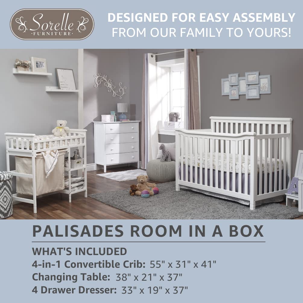 Sorelle Palisades 3-Piece Nursery Set - 4-in-1 Convertible Crib, 4-Drawer Dresser, Changing Table with Hamper - Non-Toxic Wood Finish - White