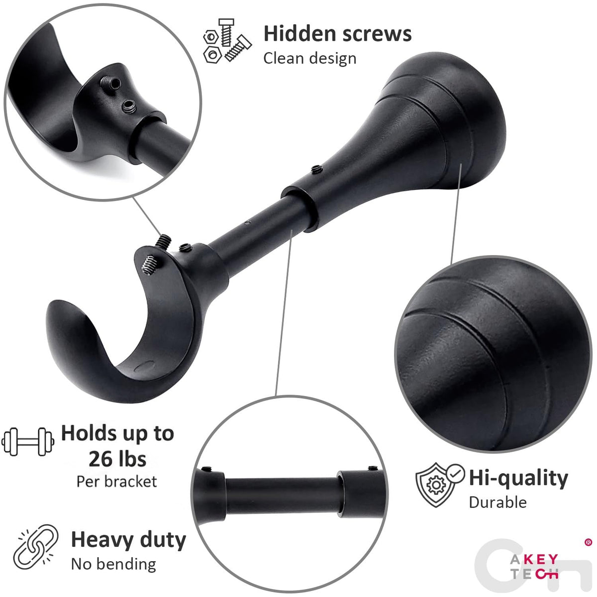 Heavy Duty Curtain Rod Brackets 6 inch Adjustable Holders, Black, Set of 2