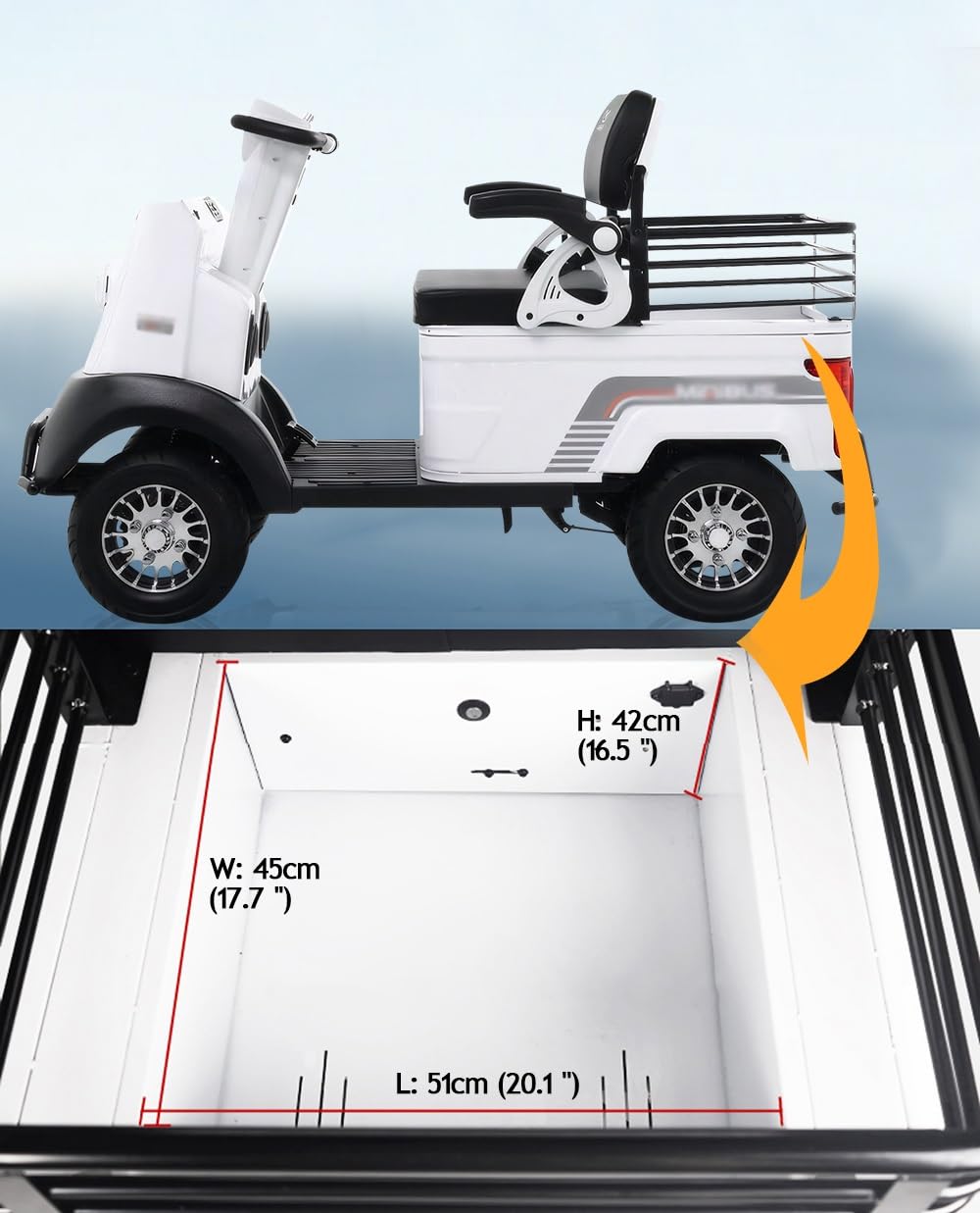 Electric Golf Cart Passenger Cruiser, Powered Mobility Scooters with Capacity Storage Trunk, Charge with Standard 120V Outlet Electric Passenger Cart, 28Mile Range and a Speed of 12MPH(White-Lithium)