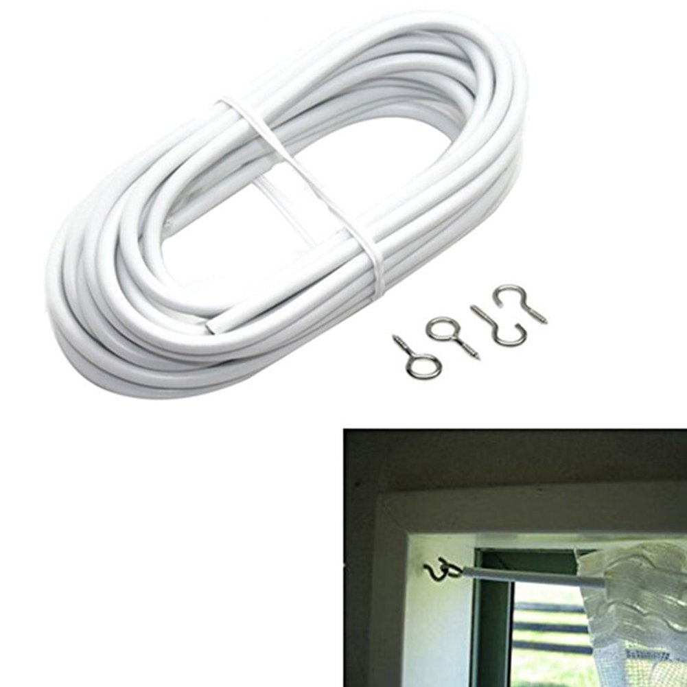 White Net Curtain Wire Kit, No Stretch Hanging Cord, 4 Hooks & 4 Fish Eyes