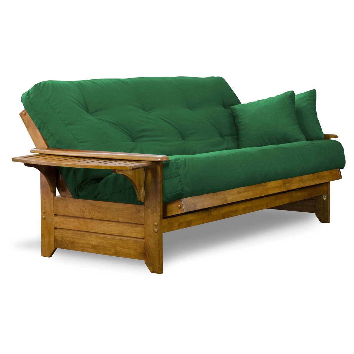 Nirvana Futons Brentwood Tray Arm Futon Frame, Drawers, and Hunter Green Mattress Set - Full, Rich Heritage Finish