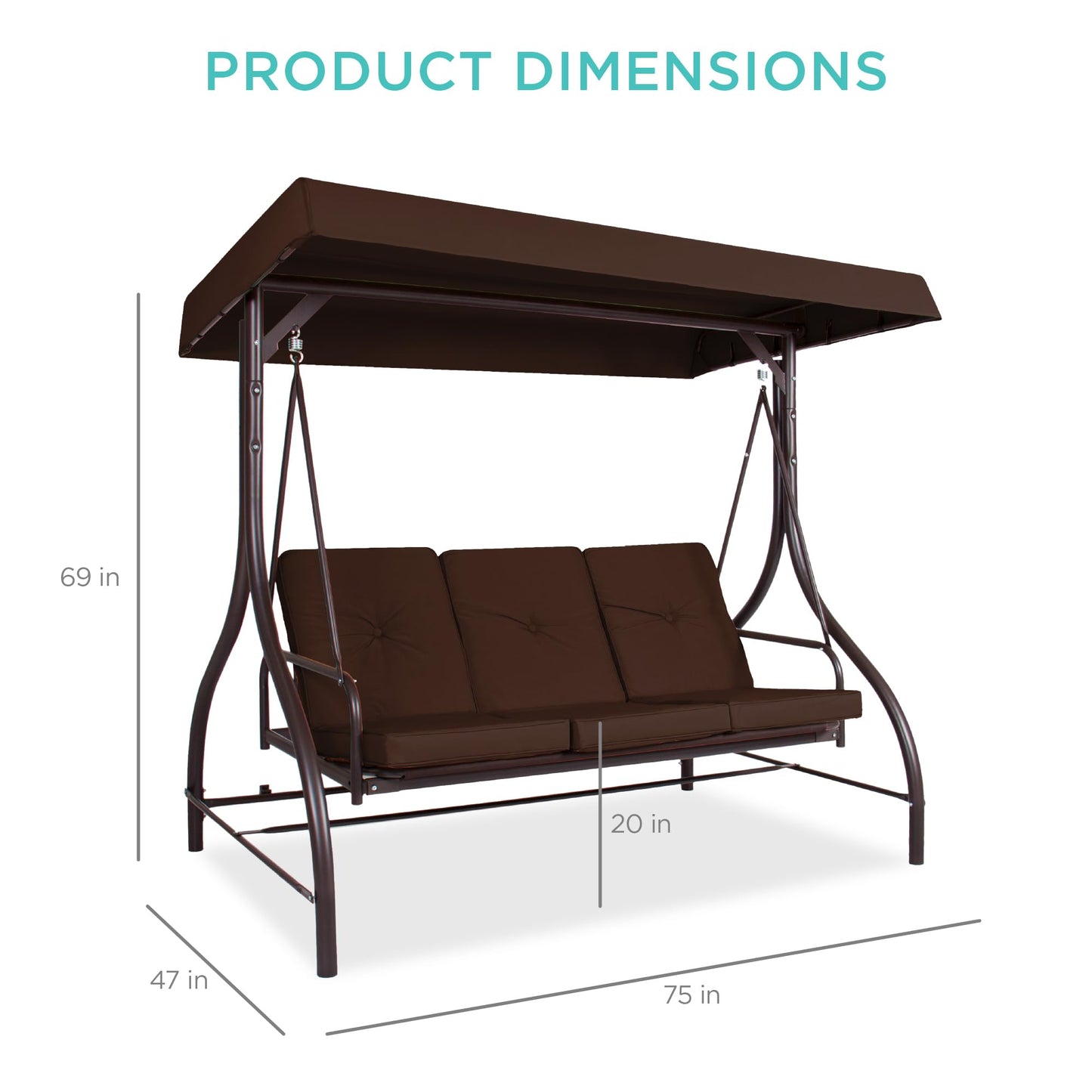 Best Choice Products 3-Seat Outdoor Large Converting Canopy Swing Glider, Patio Hammock Lounge Chair for Porch, Backyard w/Flatbed, Adjustable Shade, Removable Cushions - Brown