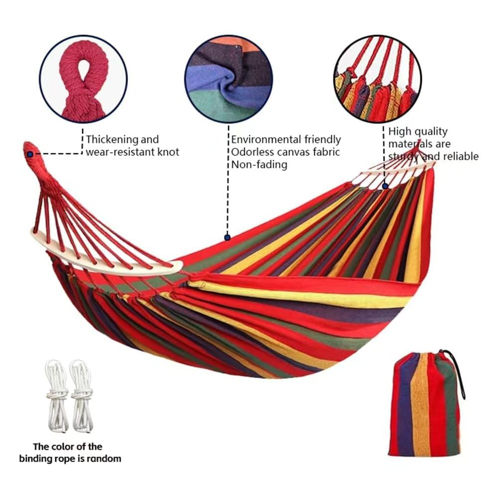 WeiTrust Cotton Canvas Hammock, Comfortable Fabric Camping Hammock with Tree Straps, Up to 440lbs with Travel Bag for Camping Outdoor/Indoor Patio Backyard(Red, with bar)