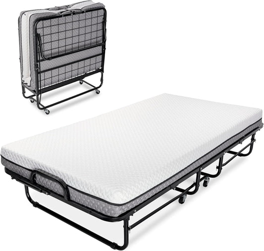 Fenghuolun Rollaway Bed - Single - Luxury Memory Foam Mattress and Extra Strong Frame - 75" x 31 (Small Single)