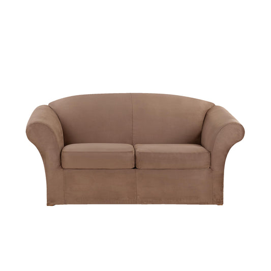 SureFit Ultimate Stretch Suede 3 Piece Box Loveseat Slipcover in Luggage